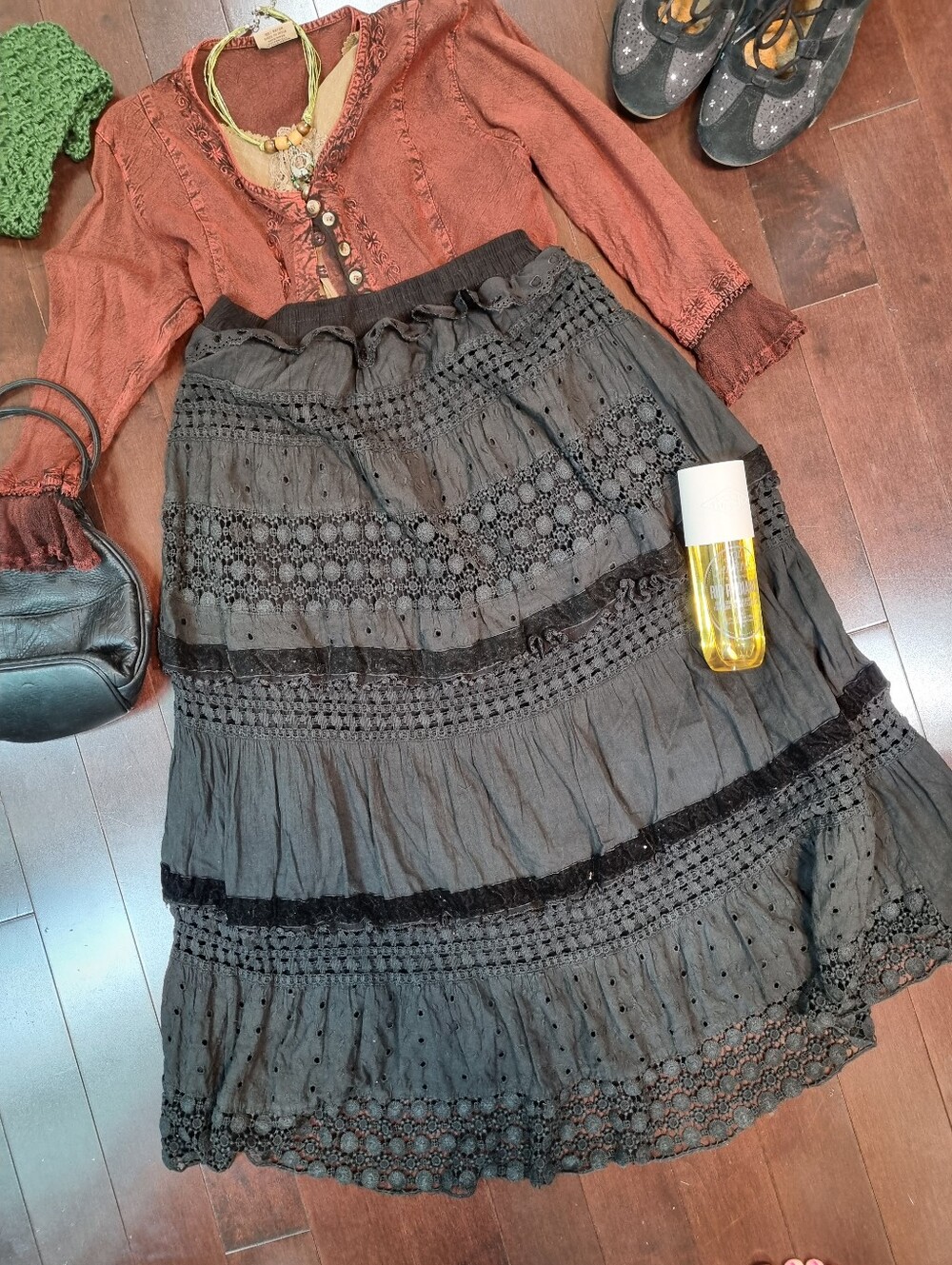 Ooak | Hand Upcycled Lined Skirt In Black With Lace And Velvet Details